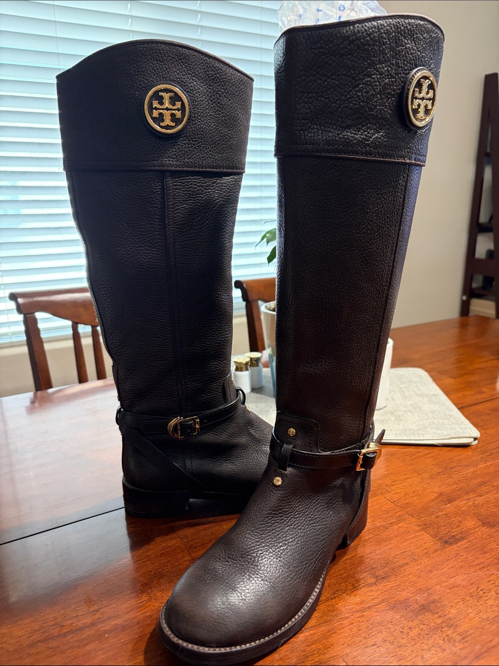 Tory Burch Dark Brown Leather Riding Boots with Gold Logo S-9M